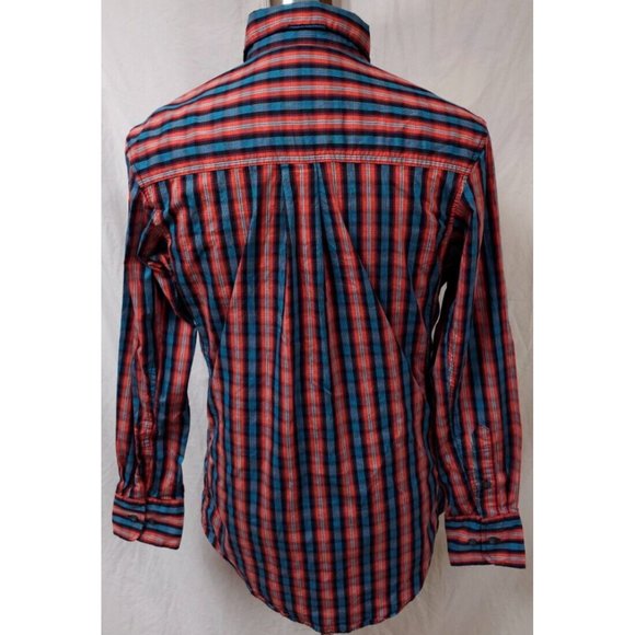 Wrangler Performance Mens Medium Red blue Stripe Long Sleeve Button Logo Shirt - Picture 7 of 11